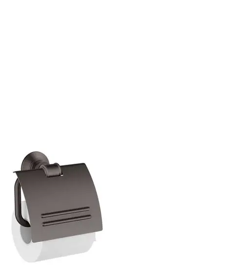 Toilettenpapierhalter mit Deckel in gebürstetem Schwarzchrom, montiert an einer Wand. Produkt von AXOR. Minimalistisches Design mit funktionaler Aufbewahrung.
